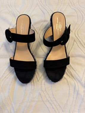 Brenda Zara Black Suede Two-Strap Block Heel Sandals